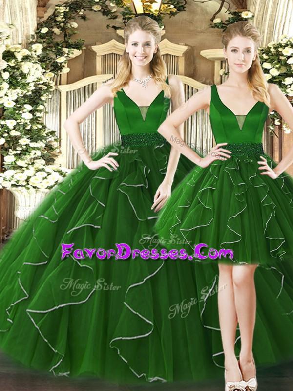 Beauteous Dark Green Sleeveless Tulle Lace Up Vestidos de Quinceanera for Military Ball and Sweet 16 and Quinceanera