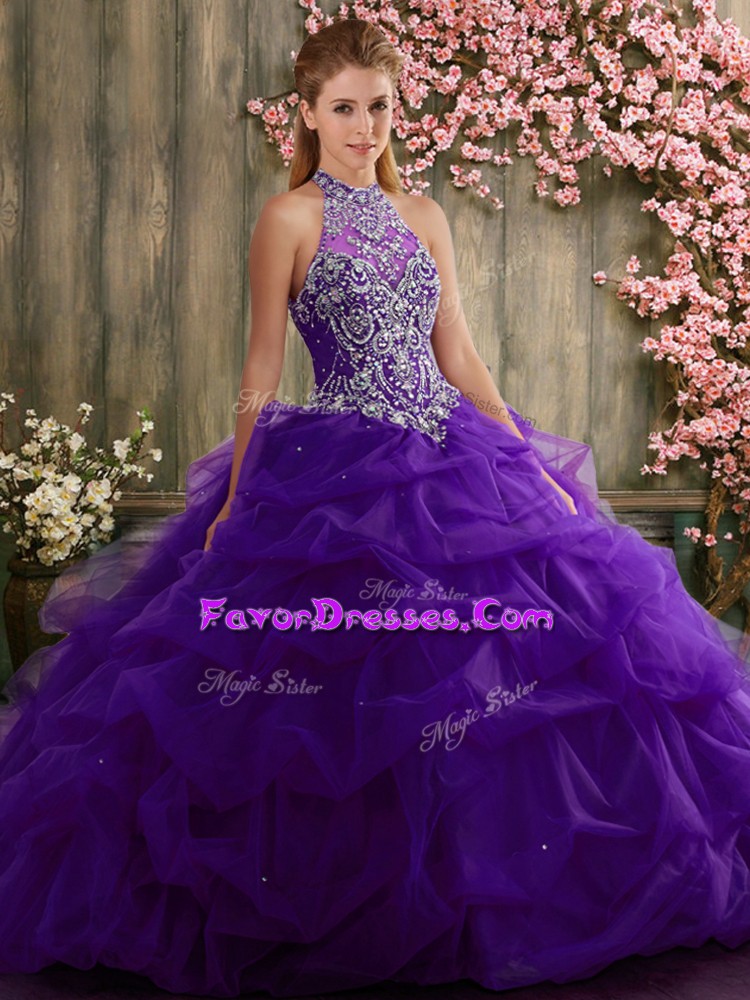  Purple Sleeveless Beading and Pick Ups Floor Length Quinceanera Gowns