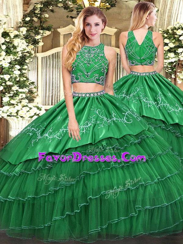  Green Zipper Quince Ball Gowns Beading and Embroidery and Ruffled Layers Sleeveless Floor Length