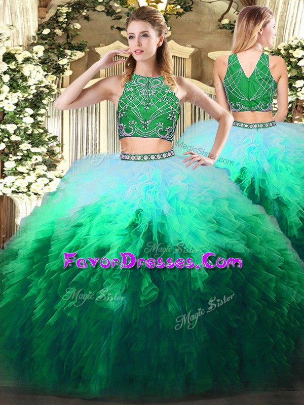Stunning Floor Length Zipper 15 Quinceanera Dress Multi-color for Military Ball and Sweet 16 and Quinceanera with Beading and Ruffles