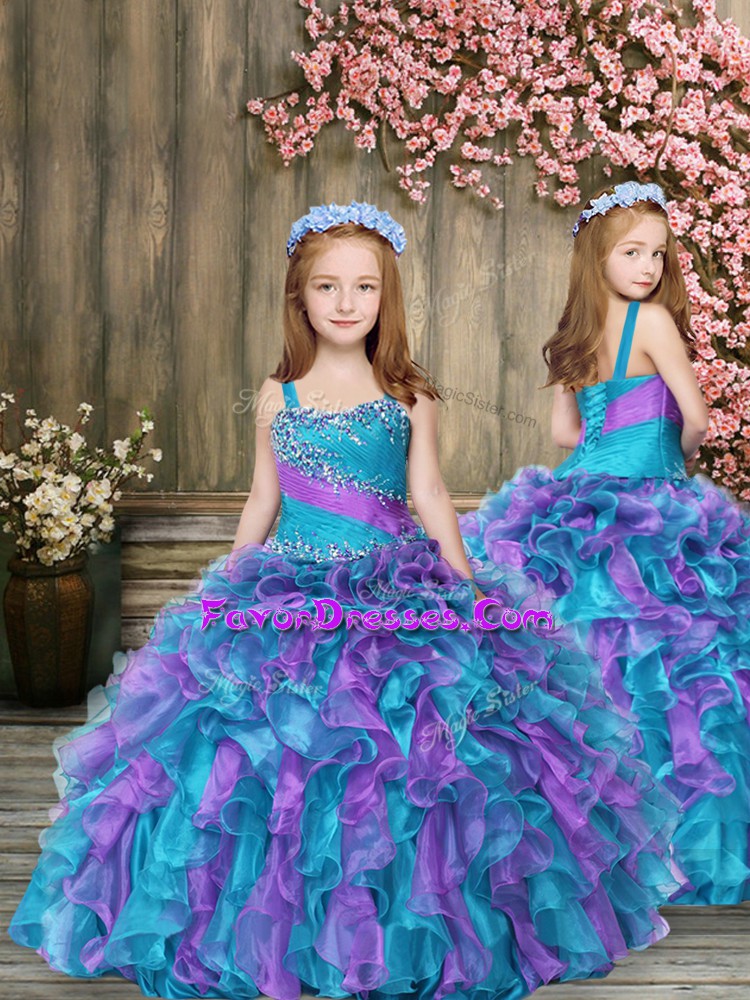 Perfect Multi-color Ball Gowns Straps Sleeveless Organza Floor Length Lace Up Beading and Ruffles Pageant Gowns For Girls