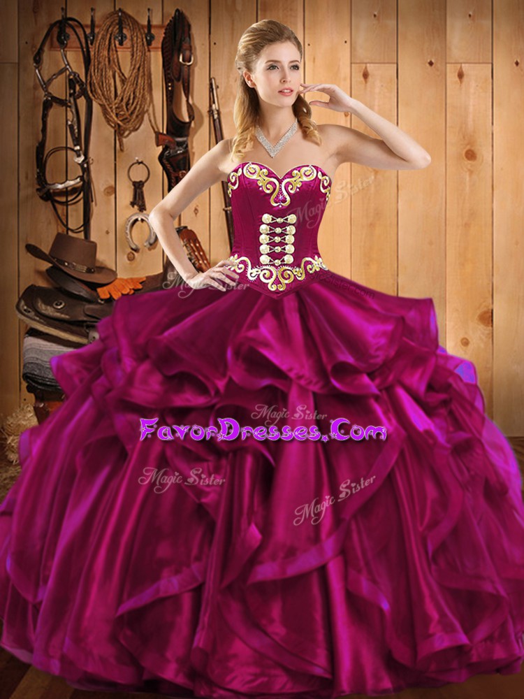  Fuchsia Sleeveless Floor Length Embroidery and Ruffles Lace Up Quinceanera Dress