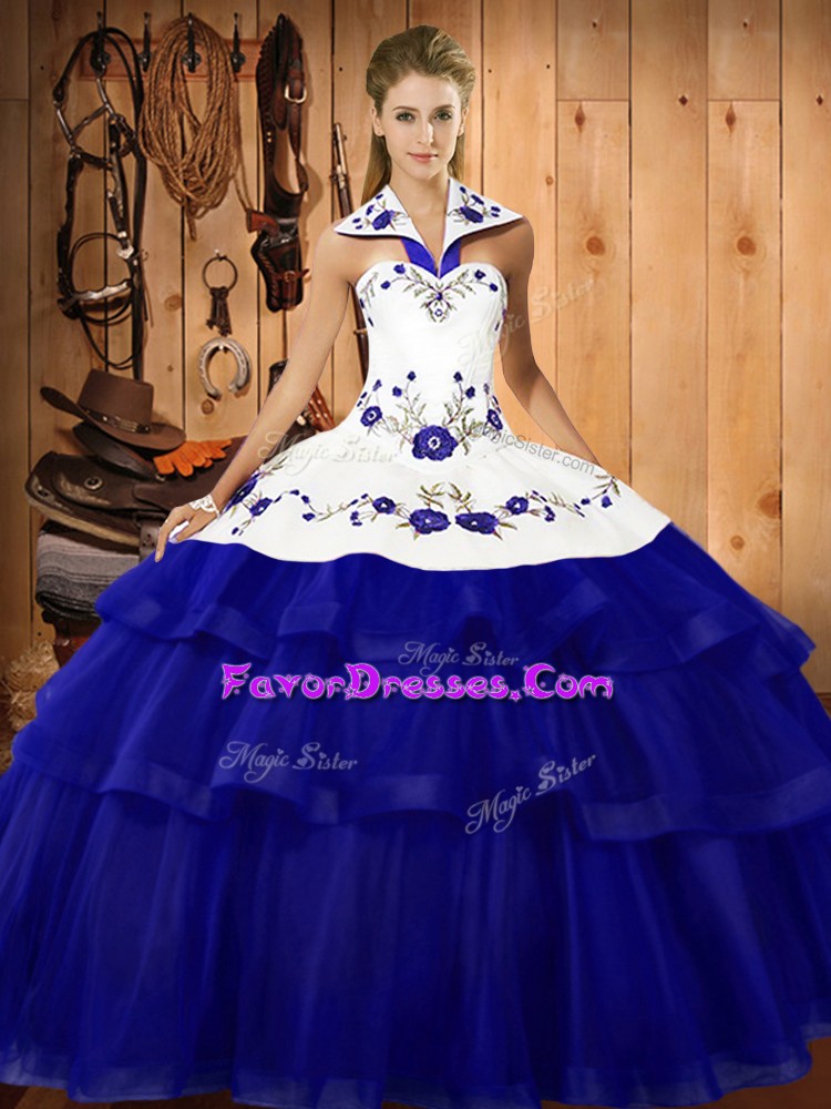  Sleeveless Sweep Train Lace Up Embroidery and Ruffled Layers Quinceanera Dresses