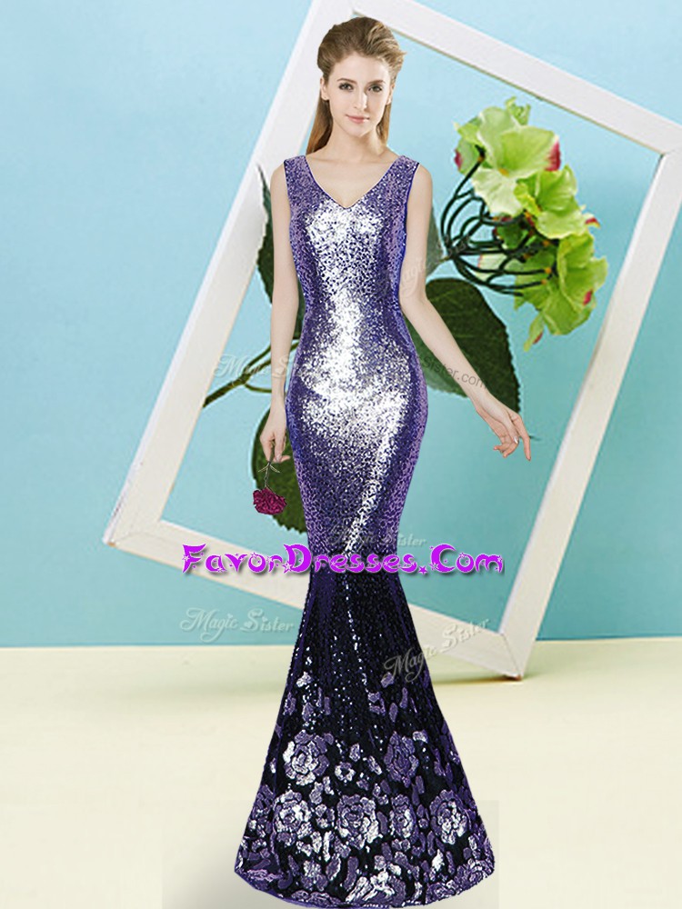  Lavender V-neck Neckline Sequins Evening Party Dresses Sleeveless Zipper