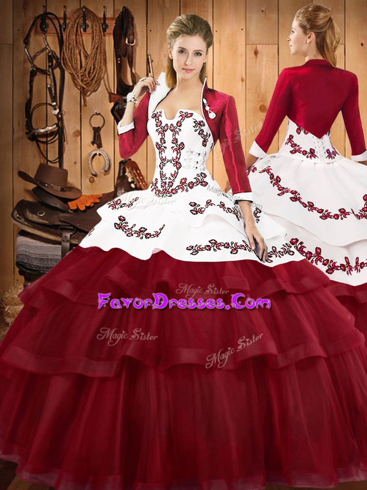  Jacket Sleeveless Sweep Train Embroidery and Ruffled Layers Lace Up Quinceanera Dresses