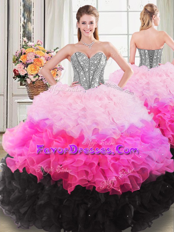  Sweetheart Sleeveless Sweet 16 Dress Floor Length Beading and Ruffles Multi-color Organza