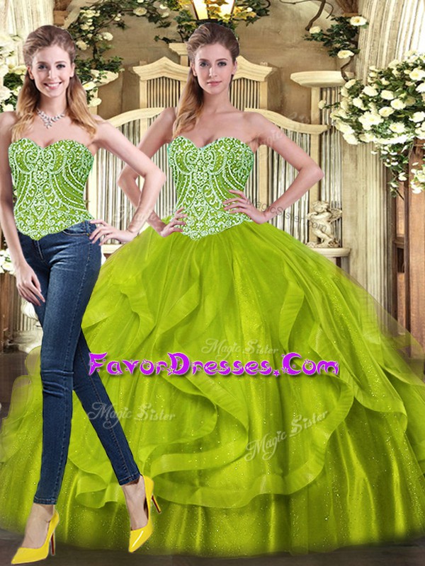  Olive Green Organza Lace Up Quince Ball Gowns Sleeveless Floor Length Beading and Ruffles