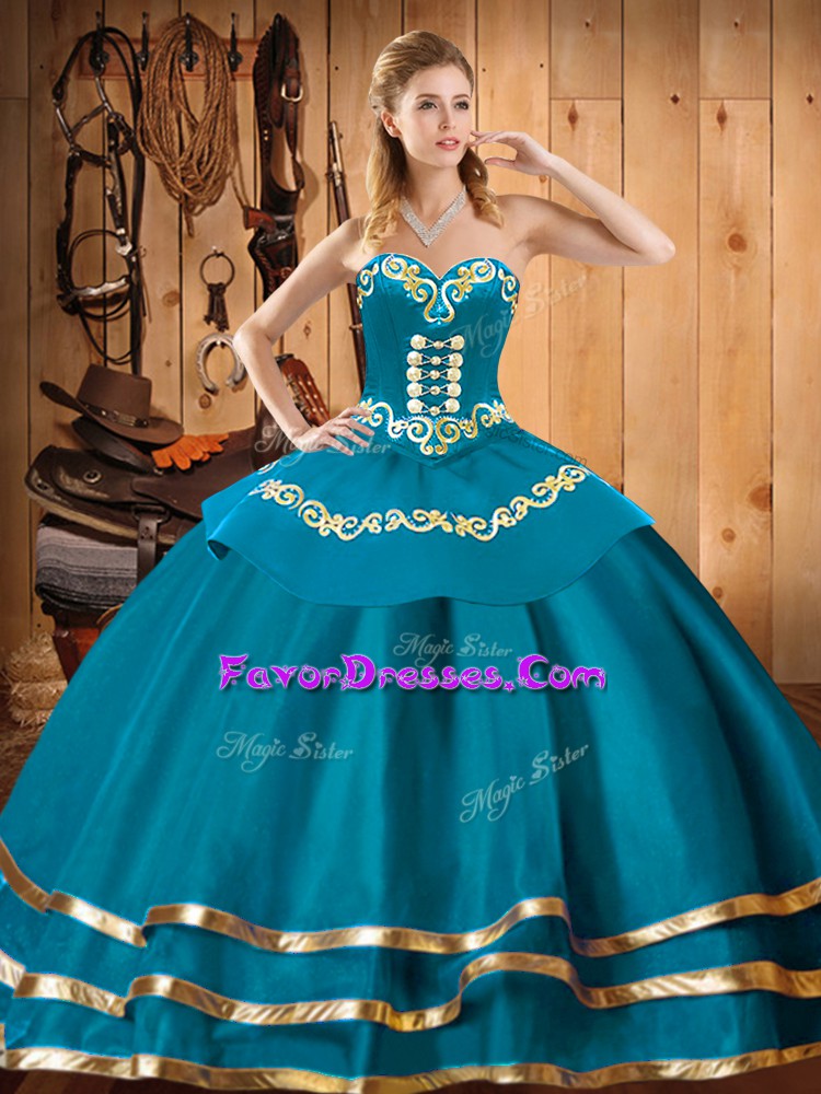  Sleeveless Floor Length Embroidery Lace Up Sweet 16 Quinceanera Dress with Teal 