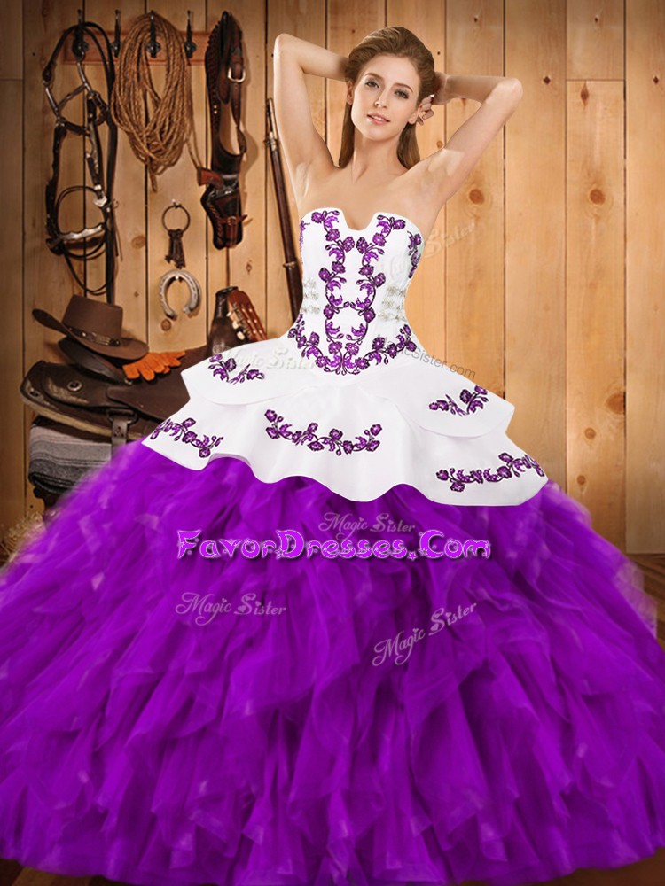 Glorious Embroidery and Ruffles 15th Birthday Dress Eggplant Purple Lace Up Sleeveless Floor Length