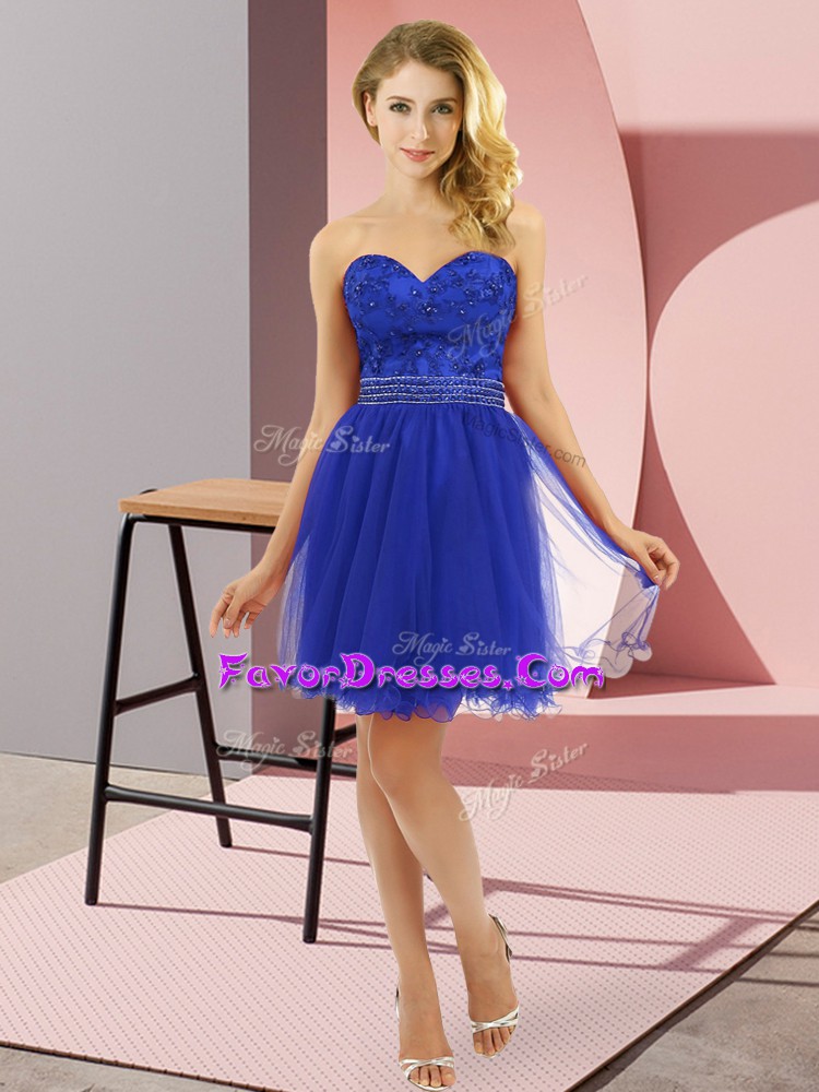 Romantic Tulle Sweetheart Sleeveless Zipper Beading Prom Party Dress in Blue