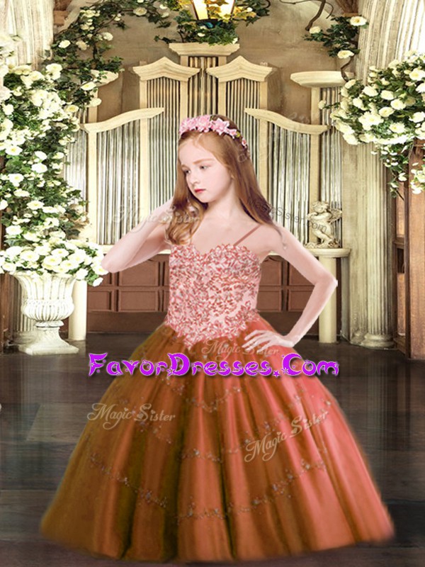 Affordable Tulle Spaghetti Straps Sleeveless Lace Up Appliques Little Girl Pageant Gowns in Rust Red