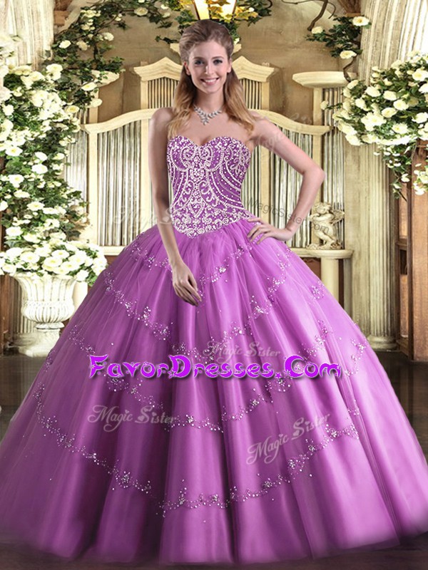 Artistic Lilac Ball Gowns Tulle Sweetheart Sleeveless Beading Floor Length Lace Up Ball Gown Prom Dress
