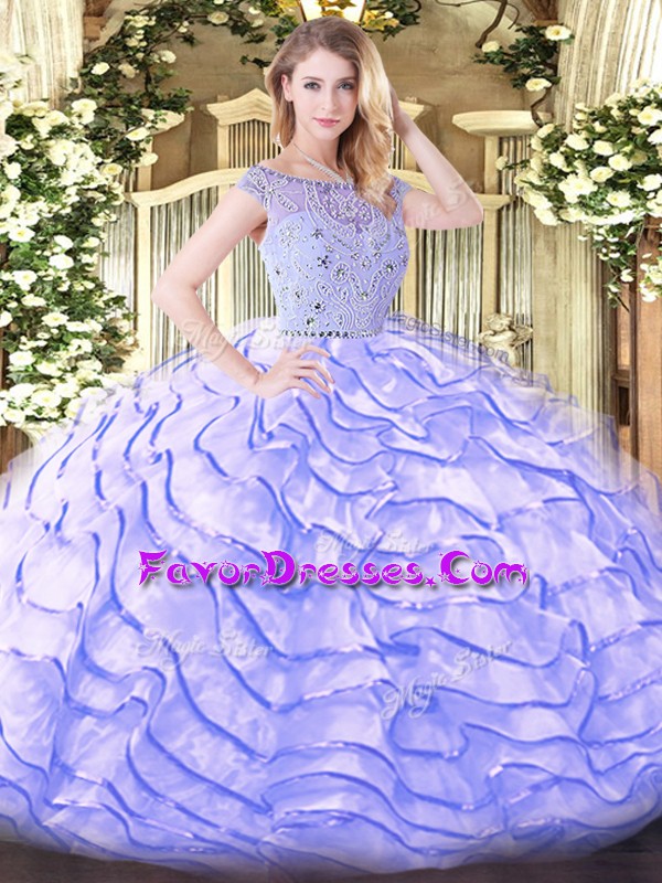 Best Lavender Quinceanera Gowns Military Ball and Sweet 16 and Quinceanera with Beading and Ruffled Layers Bateau Sleeveless Sweep Train Zipper