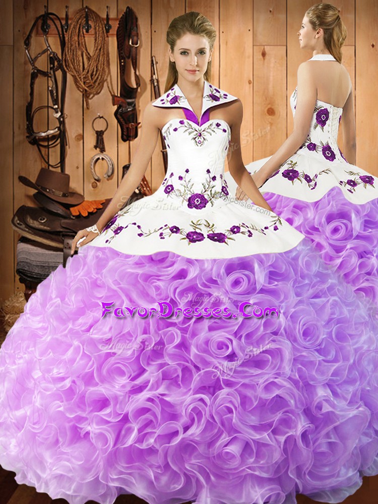 Luxury Lilac Sleeveless Fabric With Rolling Flowers Lace Up Sweet 16 Quinceanera Dress for Military Ball and Sweet 16 and Quinceanera