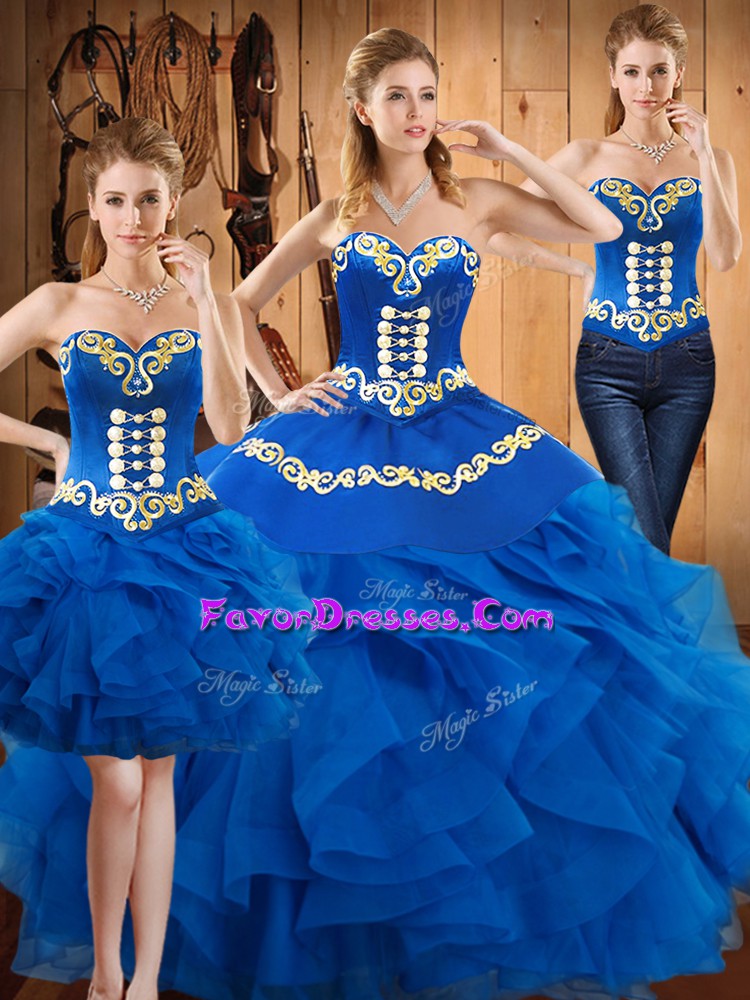  Blue Sleeveless Embroidery and Ruffles Floor Length Sweet 16 Dresses