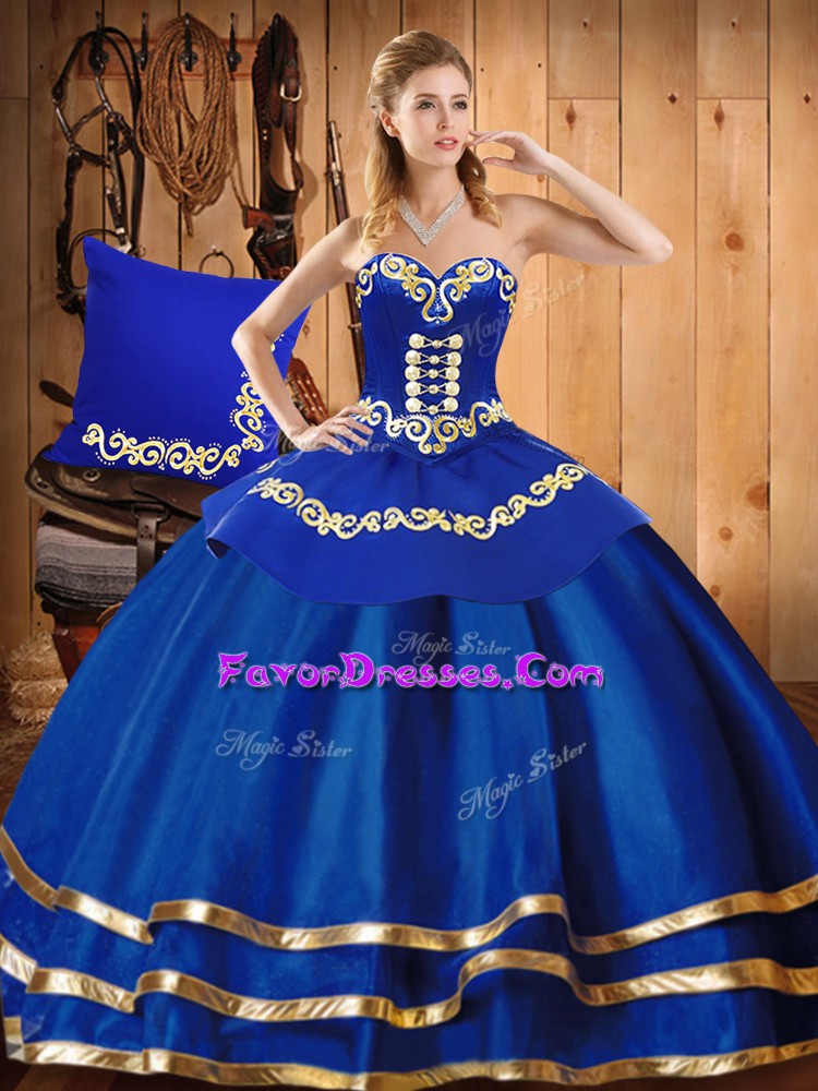 Discount Blue Satin and Tulle Lace Up Sweetheart Sleeveless Floor Length Quince Ball Gowns Embroidery