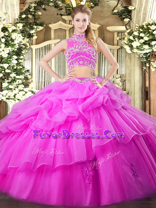  Ball Gowns 15 Quinceanera Dress Lilac High-neck Tulle Sleeveless Floor Length Backless