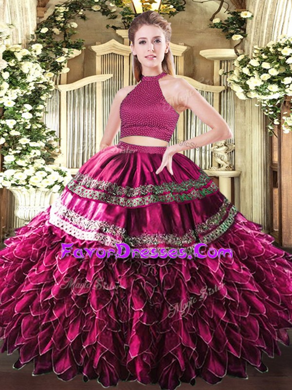 Pretty Embroidery and Ruffles Quinceanera Gowns Fuchsia Backless Sleeveless Floor Length