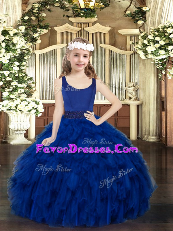  Sleeveless Organza Floor Length Zipper Pageant Dress for Teens in Royal Blue with Beading and Ruffles