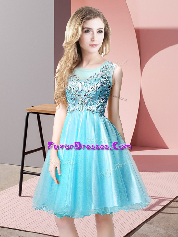  A-line Prom Party Dress Aqua Blue Scoop Tulle Sleeveless Knee Length Zipper