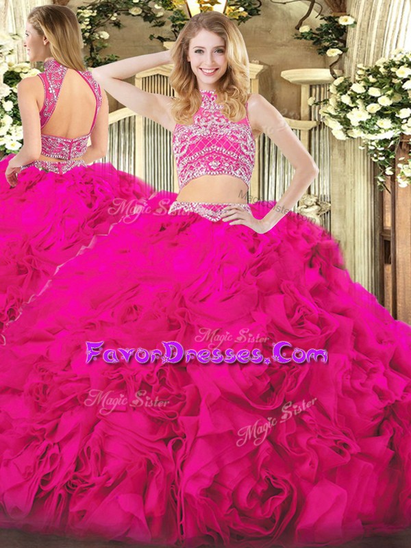 Wonderful Hot Pink Backless High-neck Beading and Ruffles Quinceanera Dresses Tulle Sleeveless