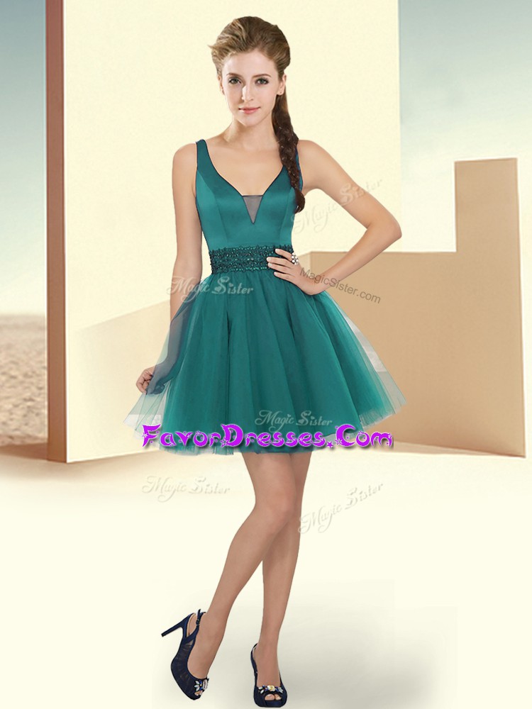 Admirable Turquoise Sleeveless Mini Length Beading Zipper Bridesmaid Gown