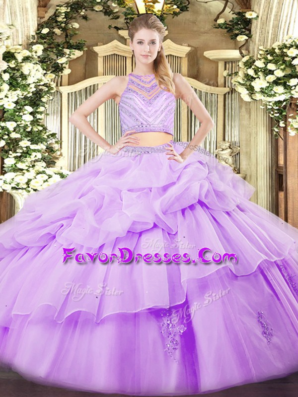 Modest Lavender Sleeveless Tulle Zipper 15th Birthday Dress for Military Ball and Sweet 16 and Quinceanera