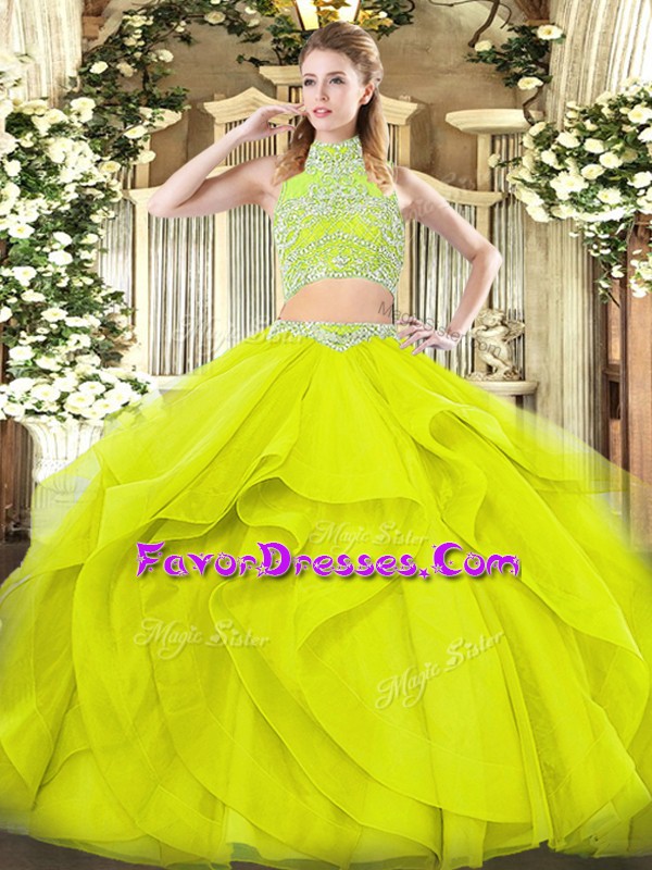 Custom Design High-neck Sleeveless Tulle Ball Gown Prom Dress Beading and Ruffles Backless