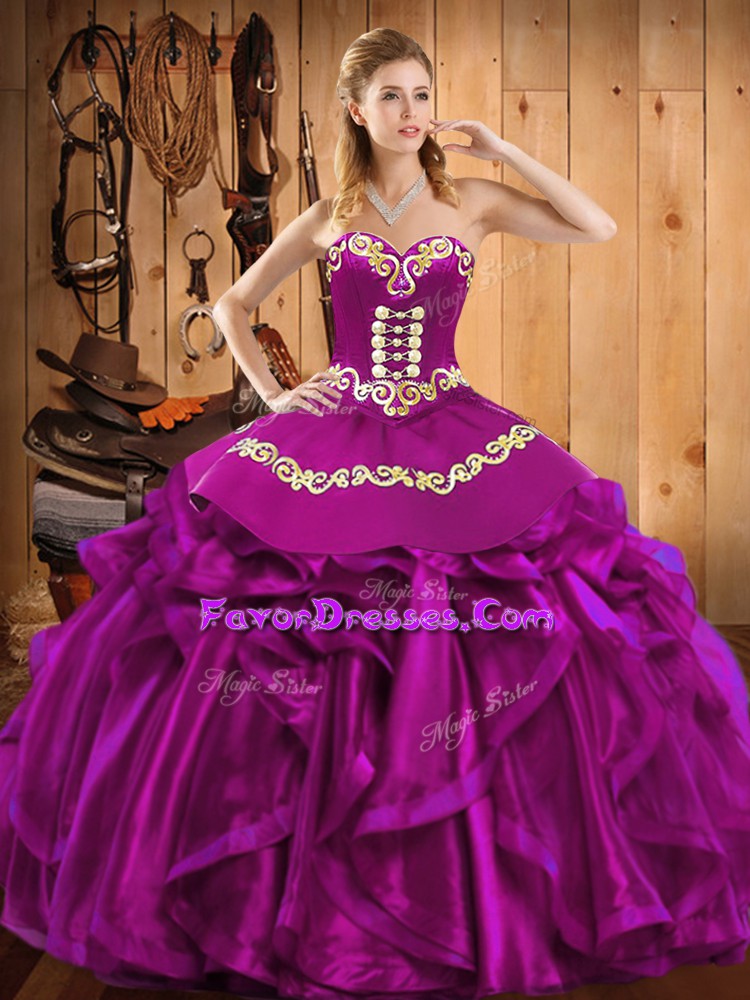  Fuchsia Ball Gowns Sweetheart Sleeveless Satin and Organza Floor Length Lace Up Embroidery and Ruffles Quinceanera Gown