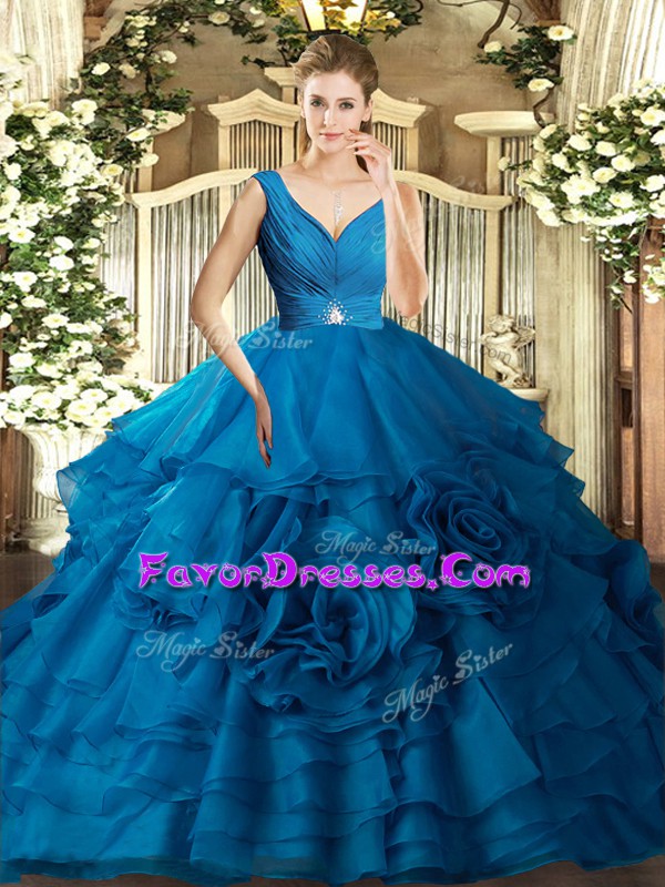 Graceful Ball Gowns 15th Birthday Dress Blue V-neck Organza Sleeveless Floor Length Backless