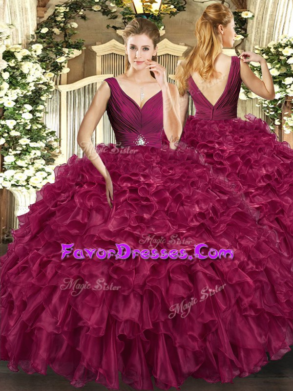 Colorful Sleeveless Floor Length Beading and Ruffles Backless Quinceanera Gown with Burgundy