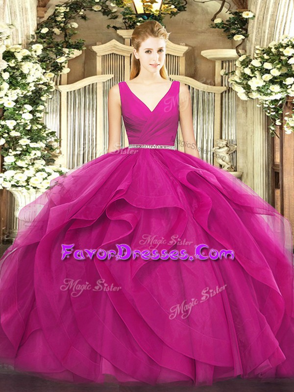 Luxurious Fuchsia Ball Gowns Beading and Ruffles Quinceanera Dresses Zipper Tulle Sleeveless Floor Length