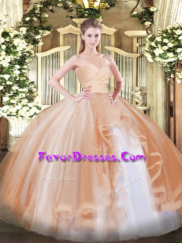  Champagne Ball Gowns Tulle Sweetheart Sleeveless Ruffles Floor Length Lace Up Sweet 16 Dress