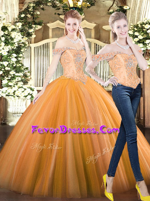 Glittering Floor Length Lace Up 15 Quinceanera Dress Orange Red for Military Ball and Sweet 16 and Quinceanera with Beading
