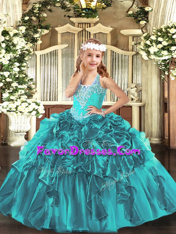  Floor Length Lace Up Pageant Dress for Teens Teal for Party and Quinceanera with Beading and Ruffles
