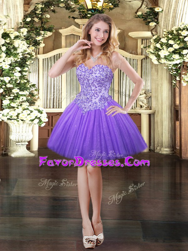 Ideal Lavender Dress for Prom Prom and Party with Appliques Sweetheart Sleeveless Lace Up