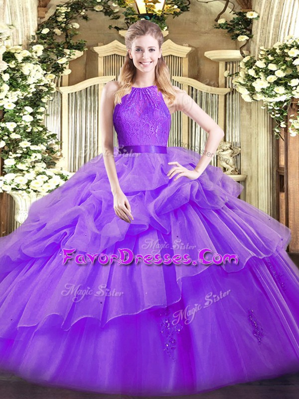 Comfortable Scoop Sleeveless Organza Quinceanera Dresses Lace and Ruffled Layers Zipper