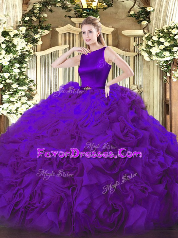 Artistic Belt Ball Gown Prom Dress Purple Clasp Handle Sleeveless Floor Length