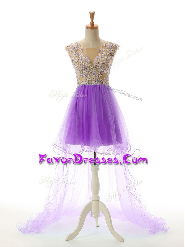 Trendy Eggplant Purple A-line Tulle Scoop Sleeveless Appliques High Low Backless Prom Dresses