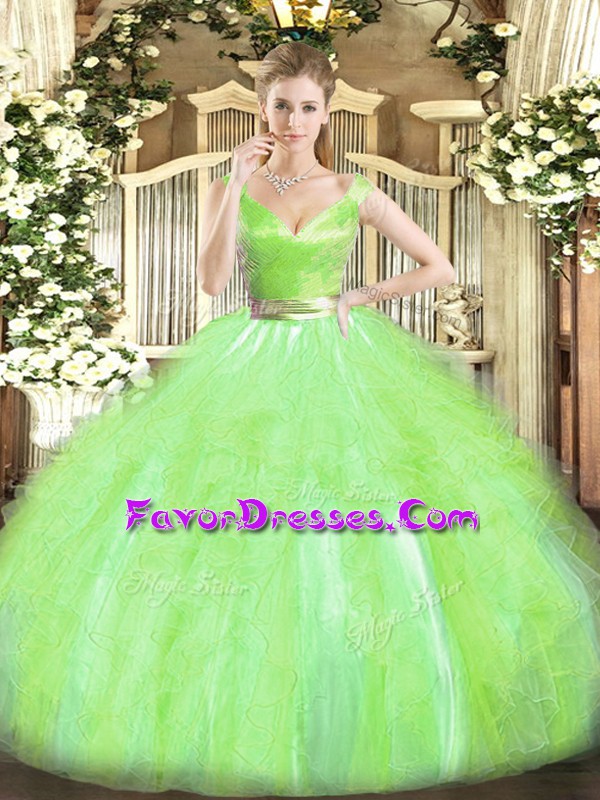  Sleeveless Tulle Floor Length Zipper 15th Birthday Dress in Yellow Green with Beading and Ruffles