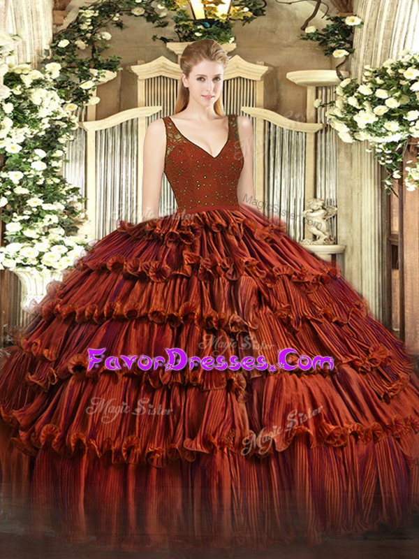 Fabulous Organza V-neck Sleeveless Backless Beading and Lace and Ruffled Layers Sweet 16 Dresses in Rust Red