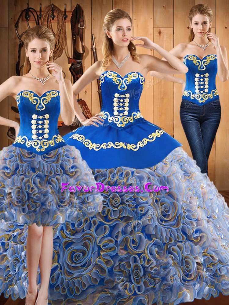Best Sleeveless With Train Embroidery Lace Up Quince Ball Gowns with Multi-color Sweep Train