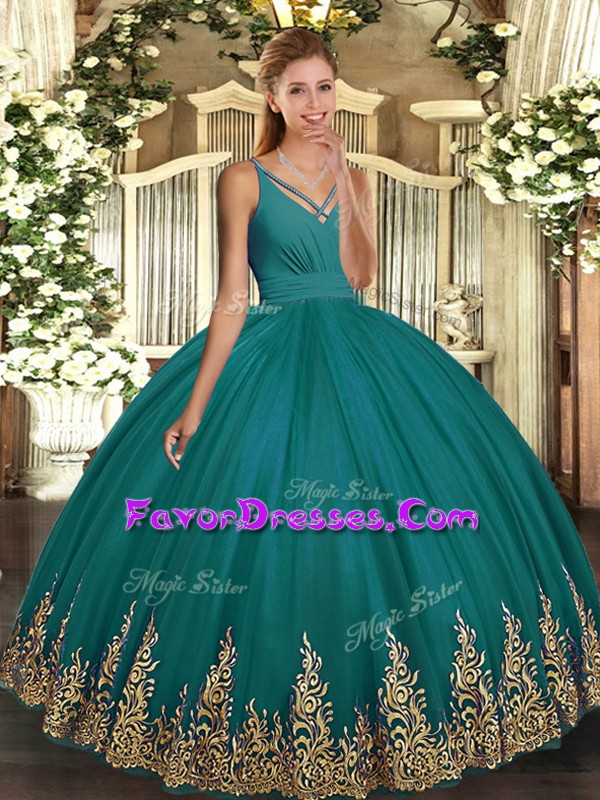 Excellent Tulle V-neck Sleeveless Backless Appliques Quinceanera Dresses in Turquoise