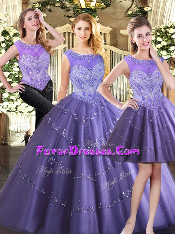  Scoop Sleeveless Sweet 16 Dresses Floor Length Beading Lavender Tulle
