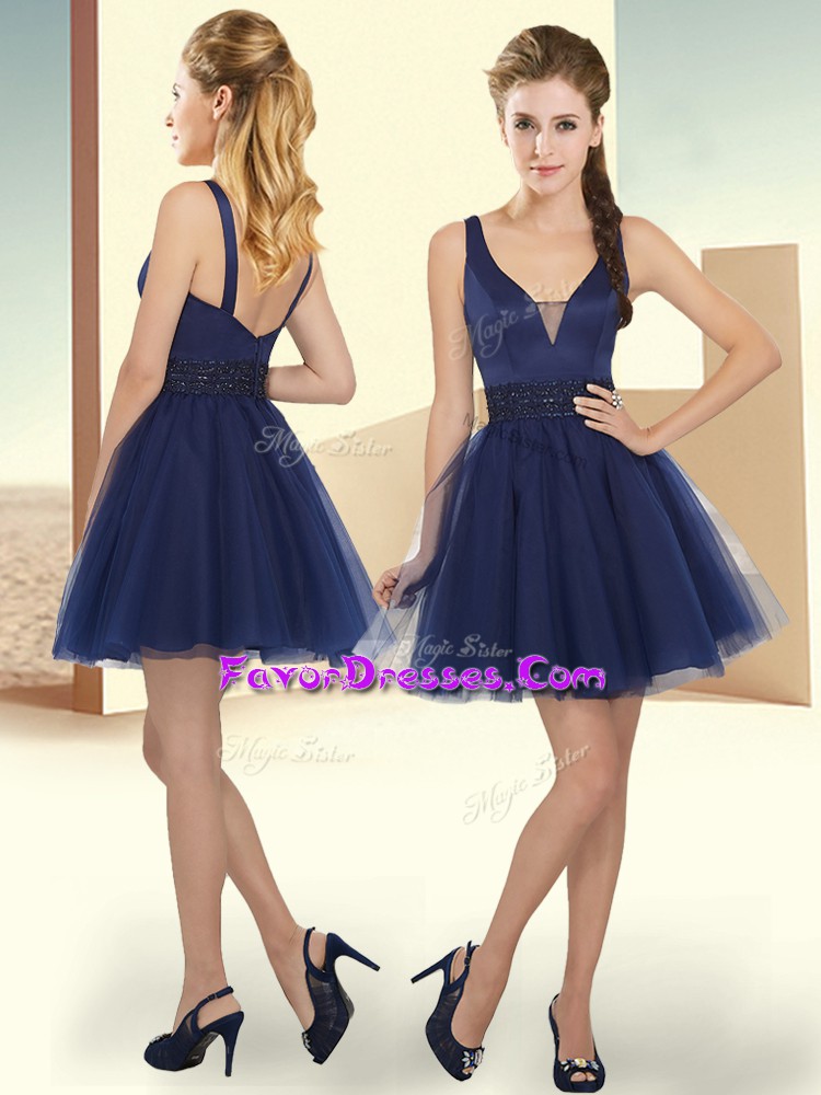  Navy Blue Sleeveless Beading Mini Length Bridesmaid Gown