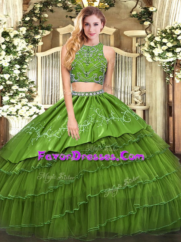  Sleeveless Tulle Floor Length Zipper Sweet 16 Quinceanera Dress in Olive Green with Beading and Embroidery and Ruffled Layers