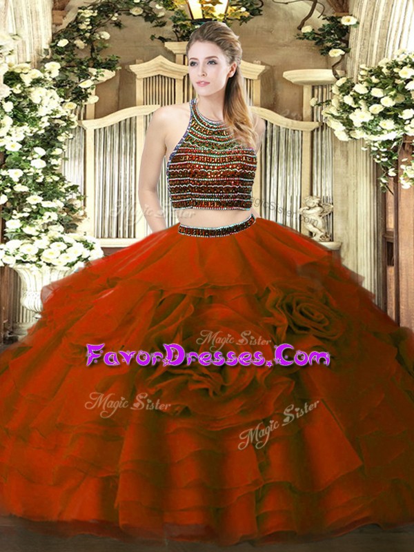  Wine Red Zipper Halter Top Beading and Ruffled Layers Quinceanera Dresses Tulle Sleeveless