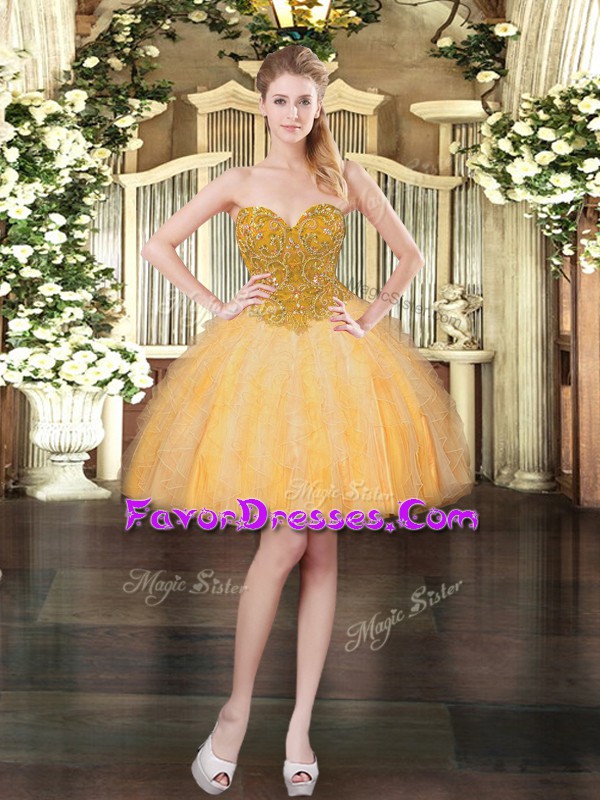 High Quality Orange Ball Gowns Sweetheart Sleeveless Tulle Mini Length Lace Up Beading and Ruffles Prom Dress