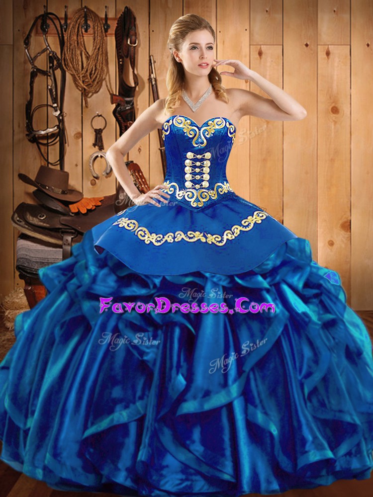  Blue Ball Gowns Embroidery and Ruffles Sweet 16 Dresses Lace Up Organza Sleeveless Floor Length