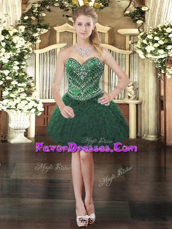  Dark Green Sleeveless Organza Lace Up Prom Dress for Prom and Party